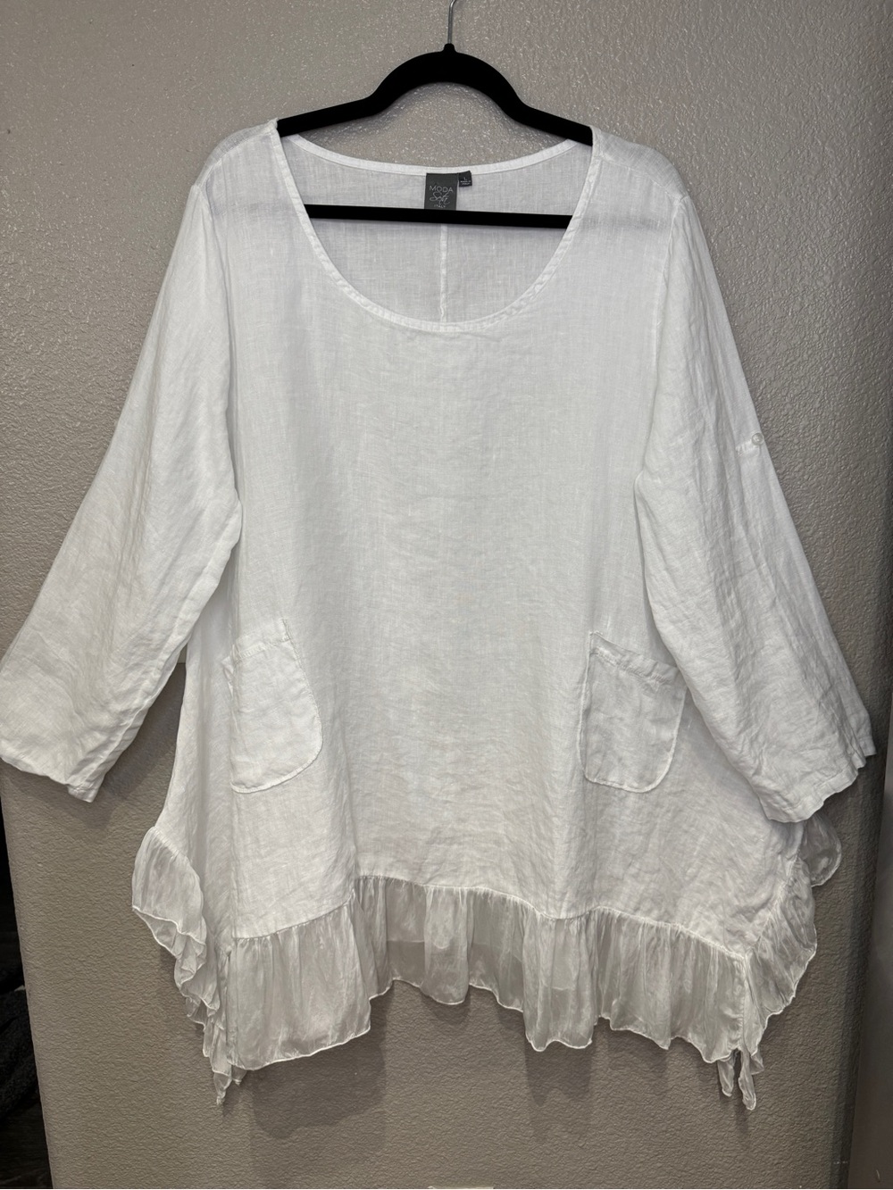 Moda Italy White Linen Blend Ruffle Hem Tunic Top L Lagenlook Boho Made in Italy